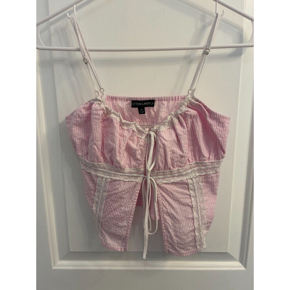Cotton Candy LA Pink Seersucker Lace Tie Front Corset Cami Top XS Coquette